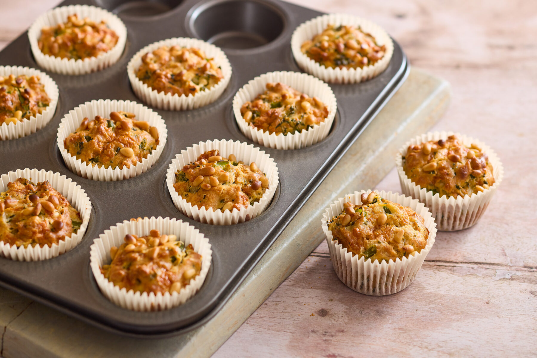 Broccoli, cheddar and pine nut muffins